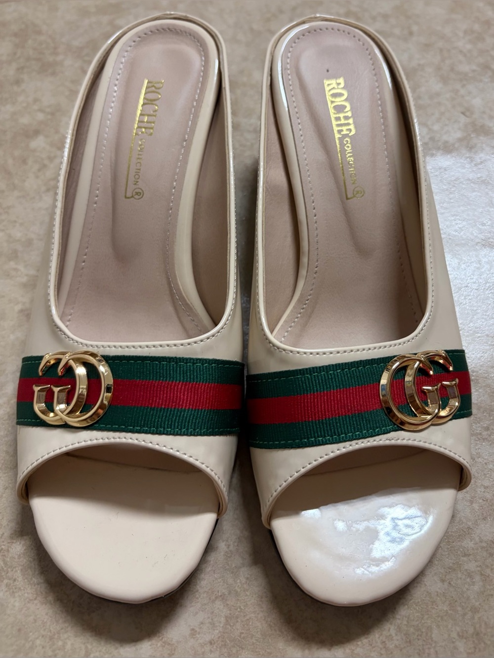 Women's Cream Slip-On Sandals with Green & Red Accent